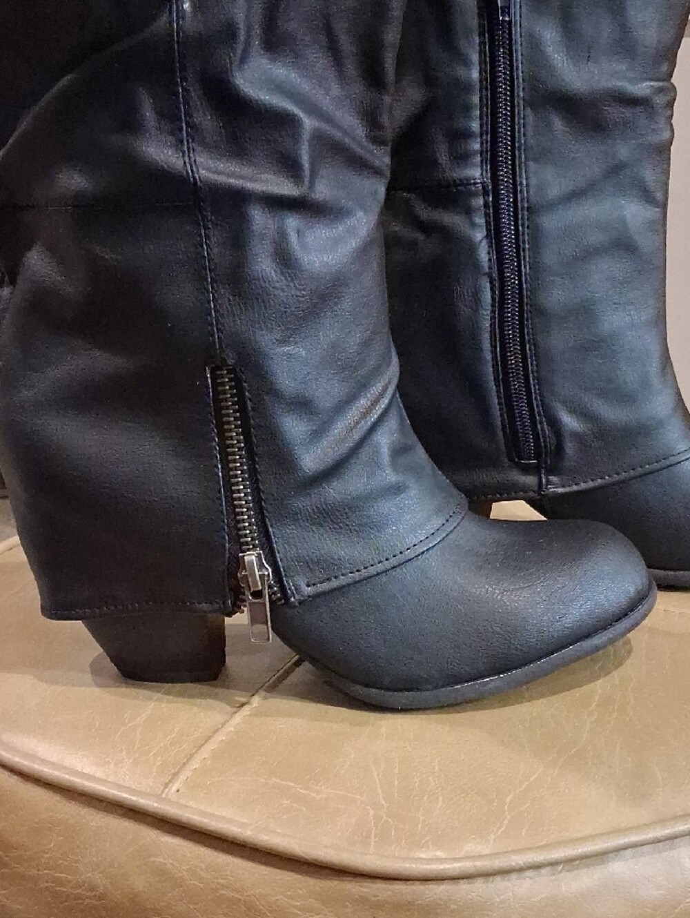 Cupid Black Mid-Calf Wedge Zip Boots Western Biker - Picture 9 of 10